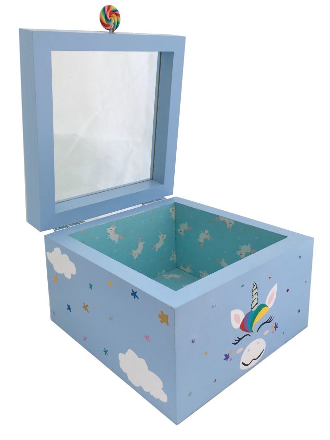 Boite en bois et son couvercle en verre. Model : licorne bleu