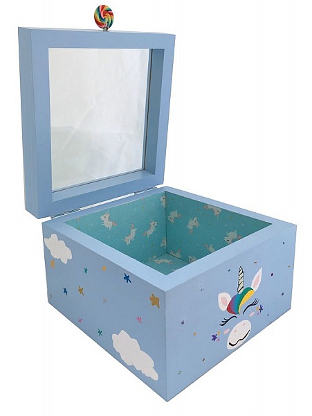 Boite en bois et son couvercle en verre. Model : licorne bleu