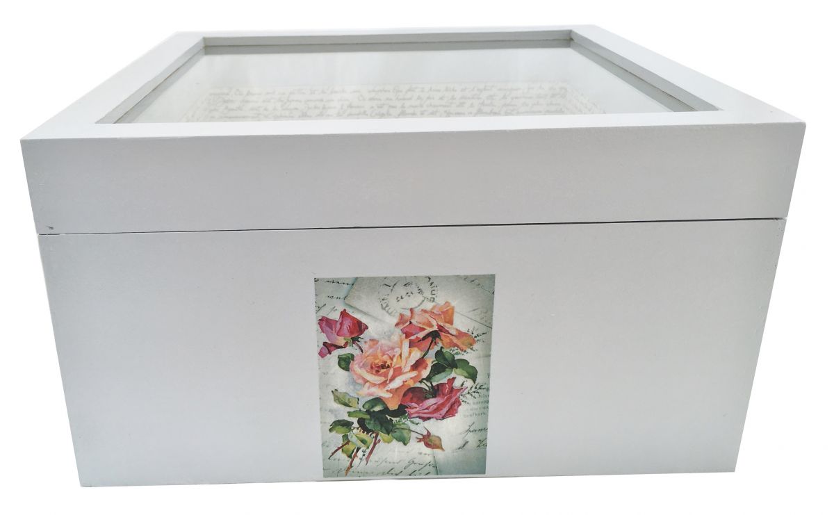 Boite en bois et son couvercle en verre. Model : lettre a l'eau de rose