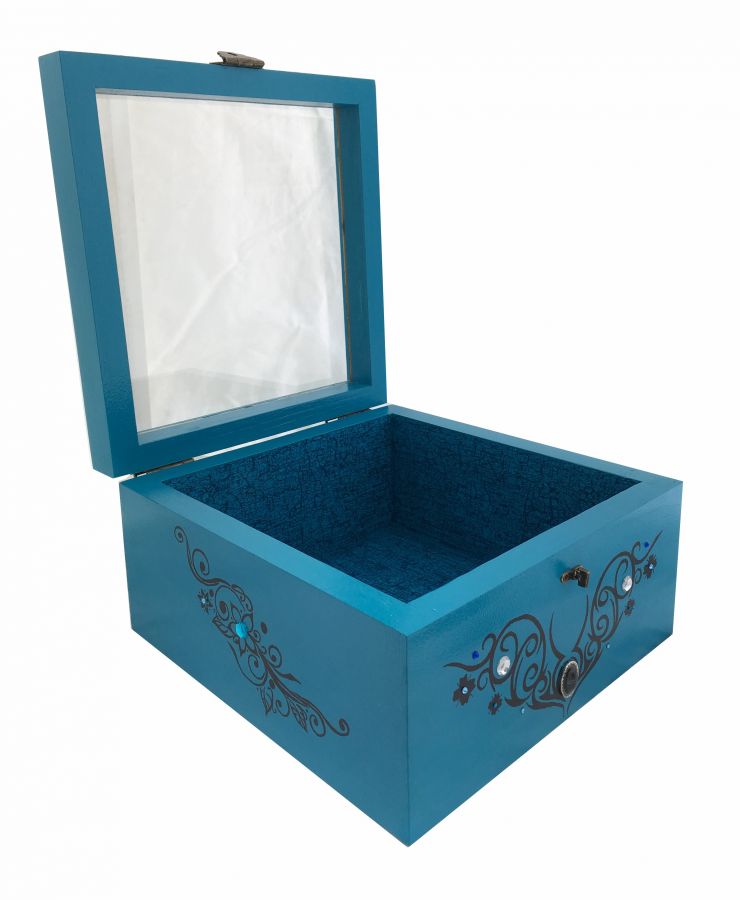 Boite en bois et son couvercle en verre. Model : bleu tribal