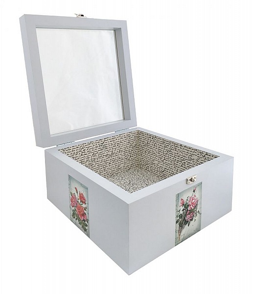 Boite en bois et son couvercle en verre. Model : lettre a l'eau de rose