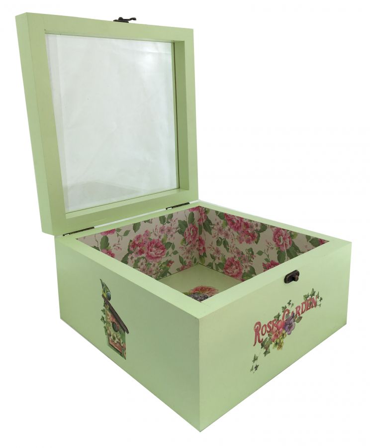 Boite en bois et son couvercle en verre. Model : rose garden