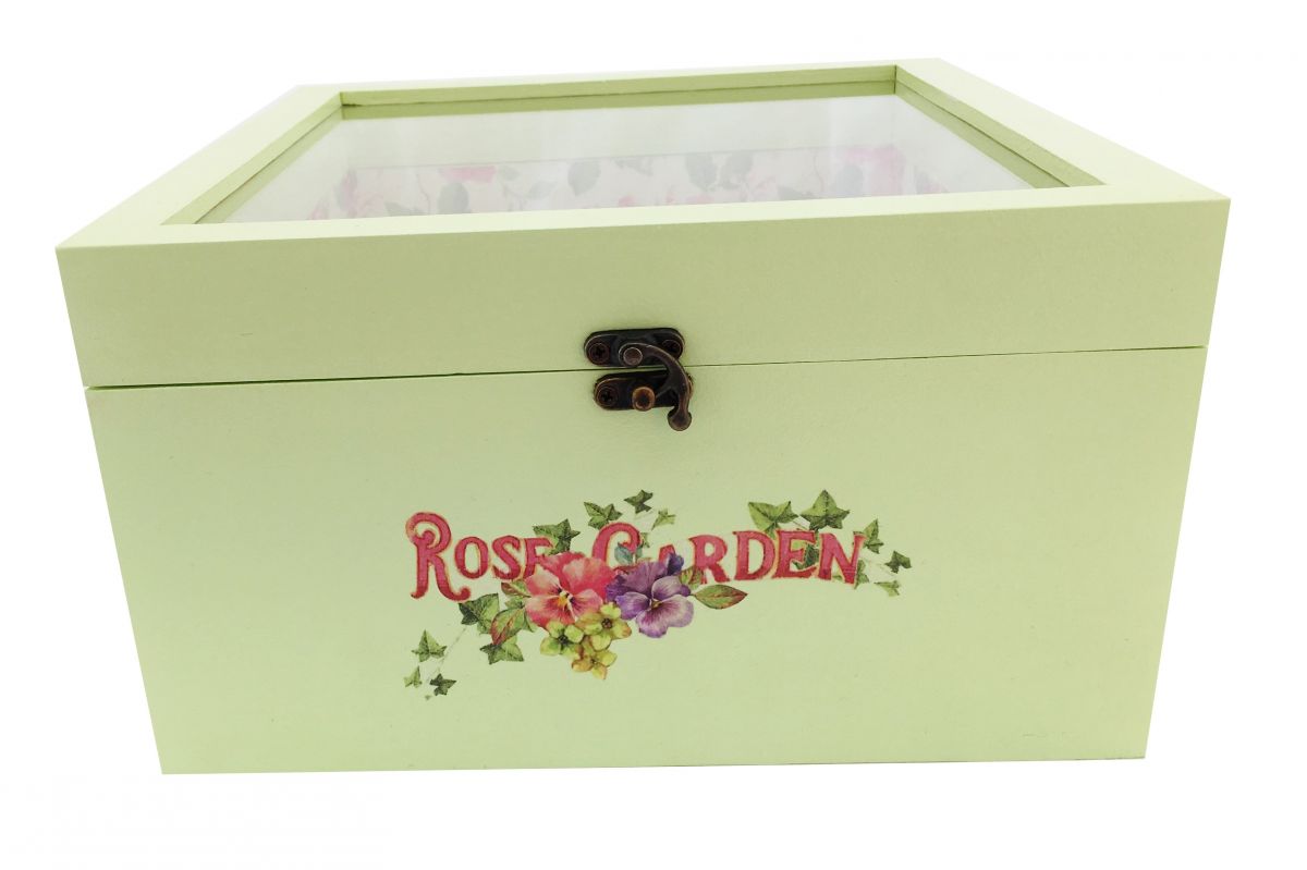 Boite en bois et son couvercle en verre. Model : rose garden