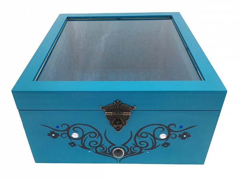 Boite en bois et son couvercle en verre. Model : bleu tribal