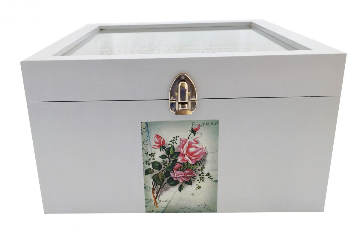Boite en bois et son couvercle en verre. Model : lettre a l'eau de rose