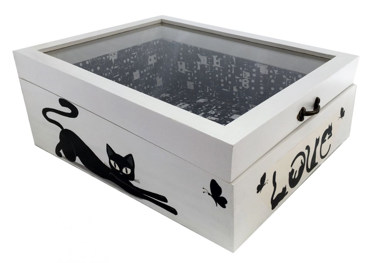 Boite en bois incliner et son couvercle en verre. Model : love cat