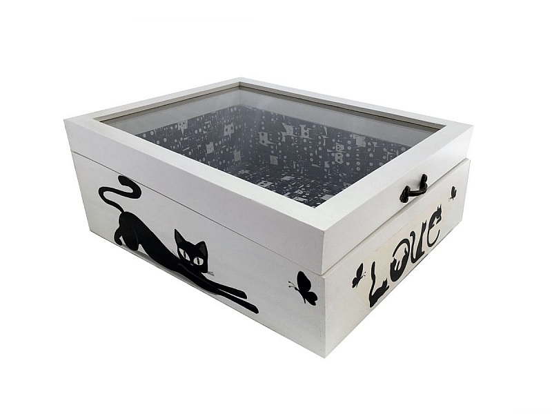 Boite en bois incliner et son couvercle en verre. Model : love cat