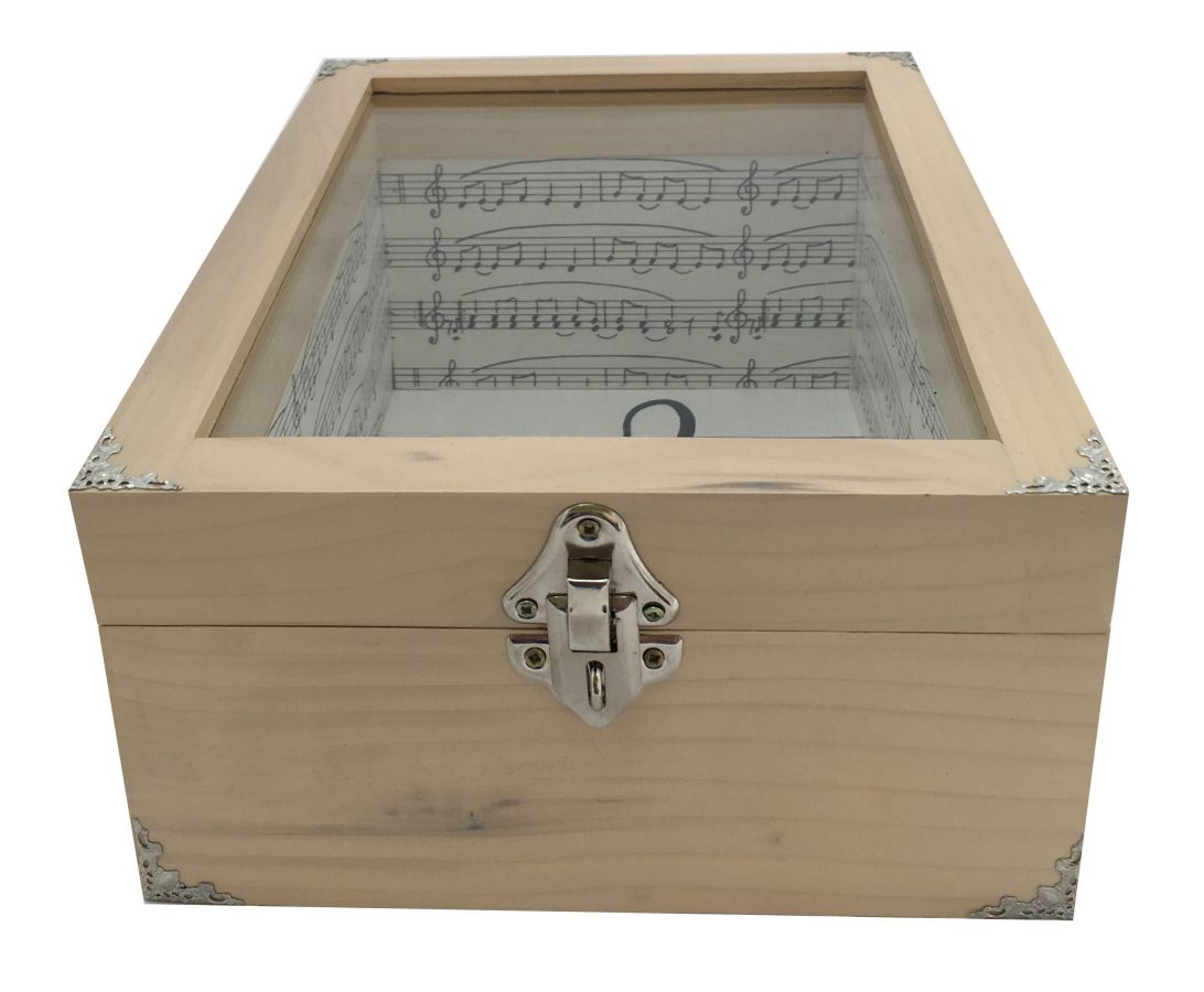 Boite en bois inclin&eacute;e et son couvercle en verre. Model : cl&eacute; musicale