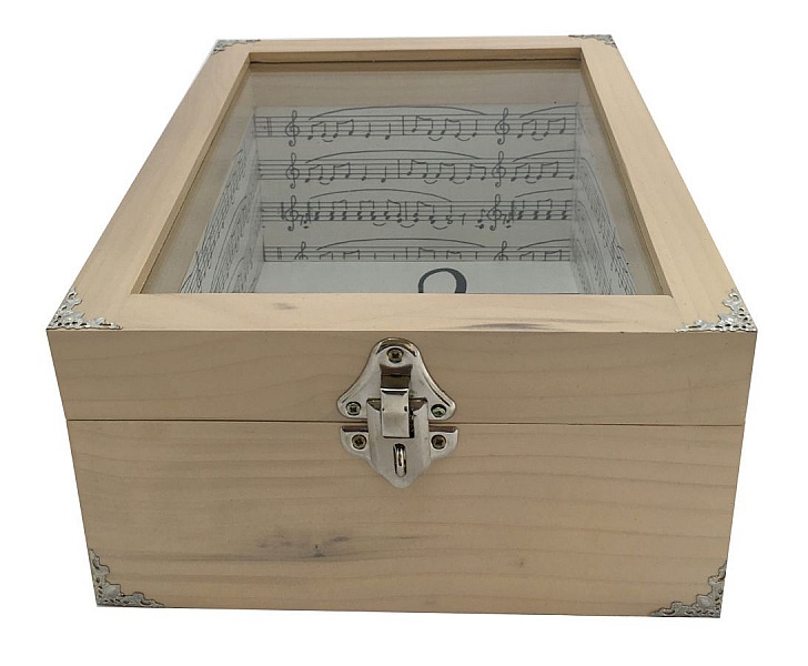 Boite en bois inclin&eacute;e et son couvercle en verre. Model : cl&eacute; musicale