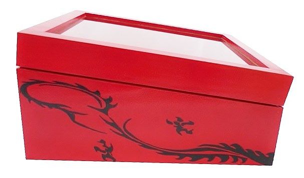 Boite en bois inclin&eacute;e et son couvercle en verre. Model : dragon rouge