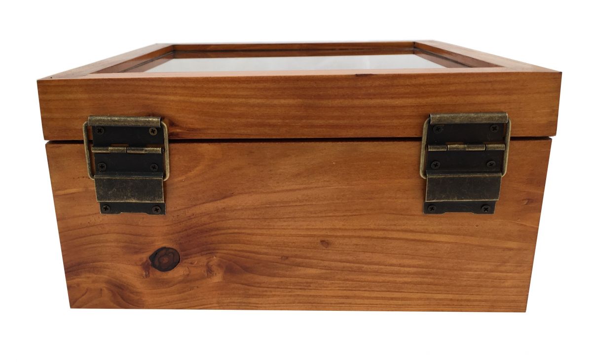 Boîte en bois avec couvercle vitré et motif marin.