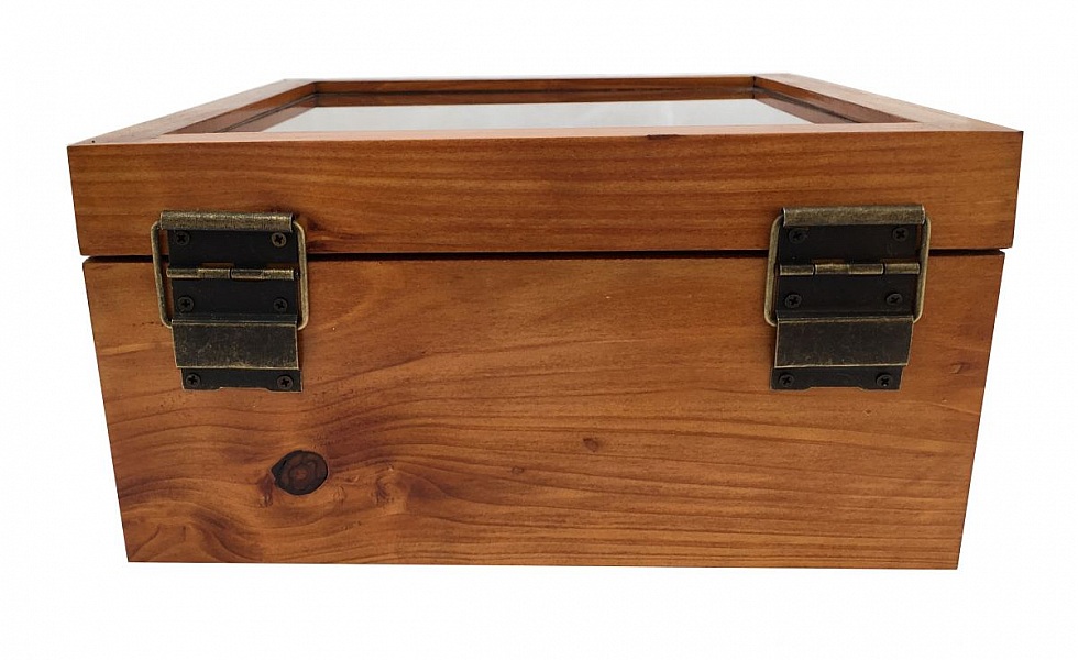Boîte en bois avec couvercle vitré et motif marin.