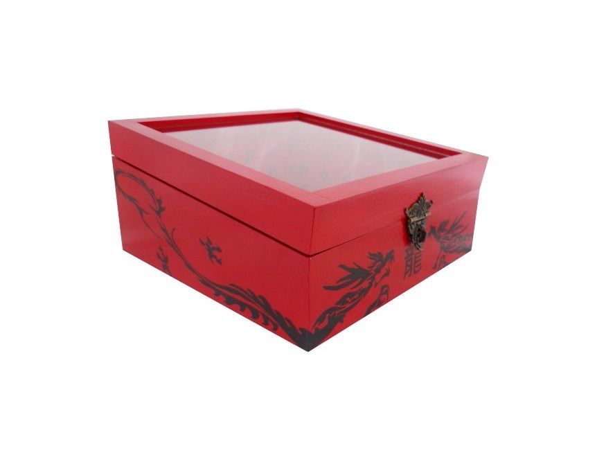 Boite en bois inclin&eacute;e et son couvercle en verre. Model : dragon rouge