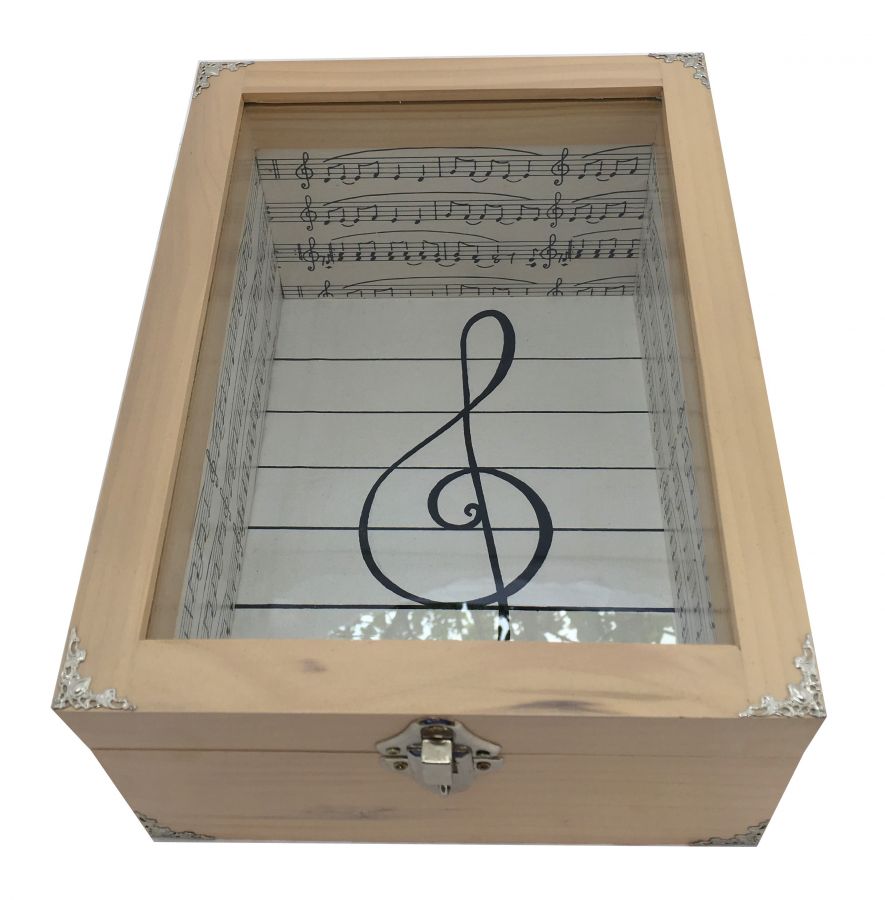 Boite en bois inclin&eacute;e et son couvercle en verre. Model : cl&eacute; musicale