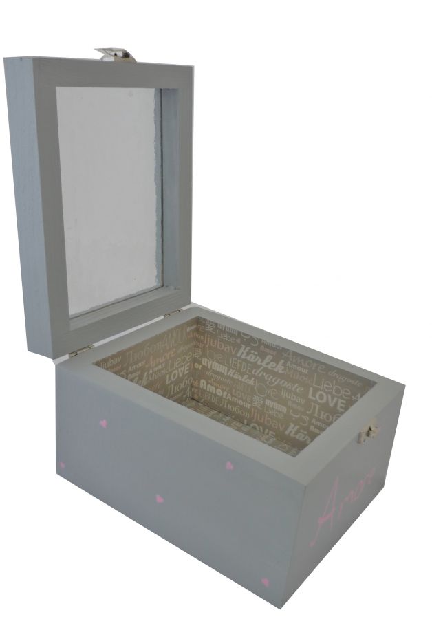 Boite en bois love couvercle en verre
