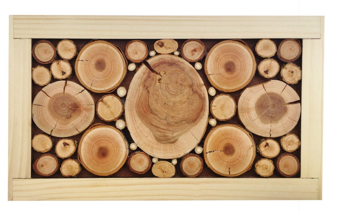 Dessous-de-plat en rondin de bois merisier / prunier, r&eacute;versible en coupelle d&eacute;cor petite feuille grise