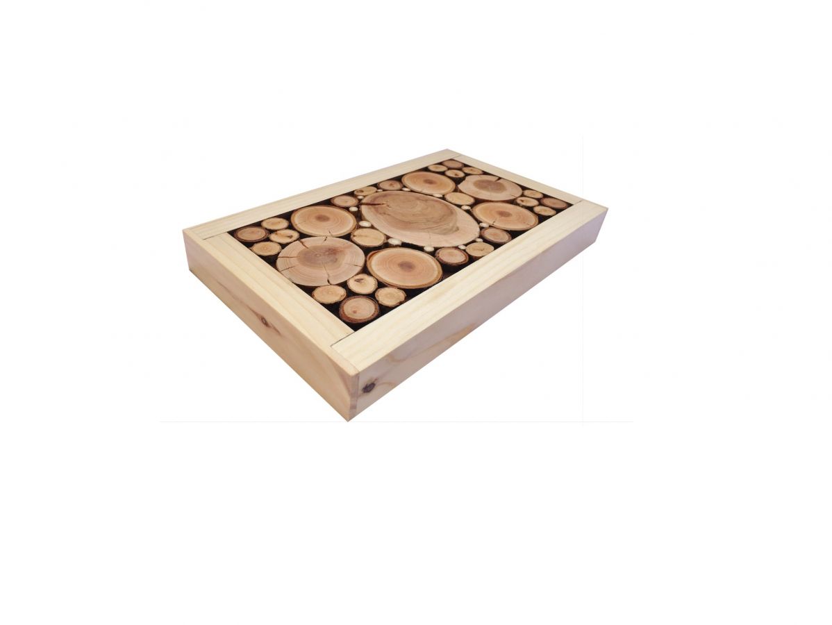 Dessous-de-plat en rondin de bois merisier / prunier, r&eacute;versible en coupelle d&eacute;cor petite feuille grise