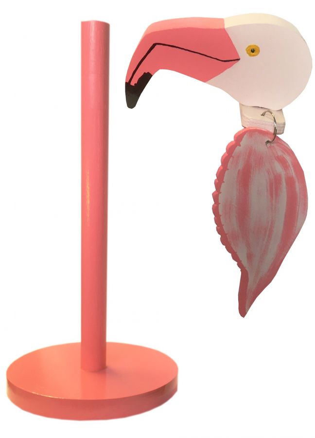 Porte-essuie-tout décoratif en bois en forme de flamant rose.