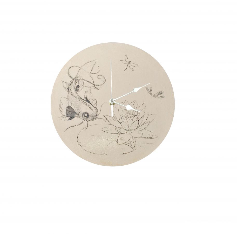 Horloge ronde en bois "japon ko&iuml; et lotus"
