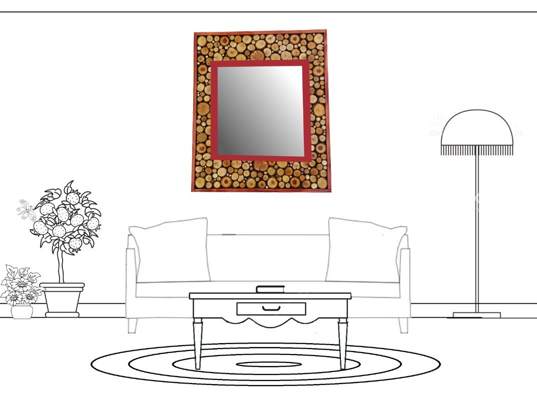 Grand miroir rectangulaire en rondin de bois couleur rouge acajou 47 x 56 cm