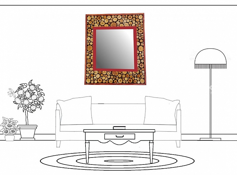 Grand miroir rectangulaire en rondin de bois couleur rouge acajou 47 x 56 cm