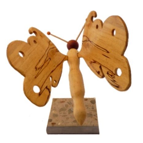 papillon en bouleau marbr&eacute;, h&ecirc;tre et &eacute;rable sur socle en marbre italien Terrazzo &agrave; poser scptulture en bois