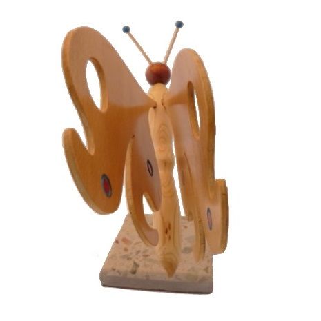 papillon en h&ecirc;tre, c&egrave;dre et lilas sur socle en marbre italien Terrazzo &agrave; poser sculpture en bois