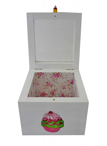 Petite Boite en bois massif d&eacute;cor cupcake blanc