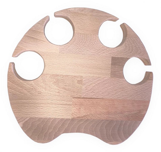 Planche apéro en hêtre forme patte avec quatre porte-verres.