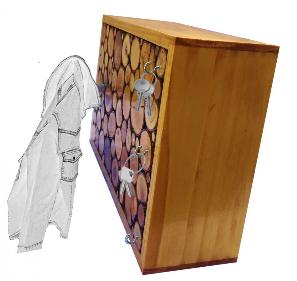 Porte-manteau mural rectangulaire en rondins avec patère et porte-clés.