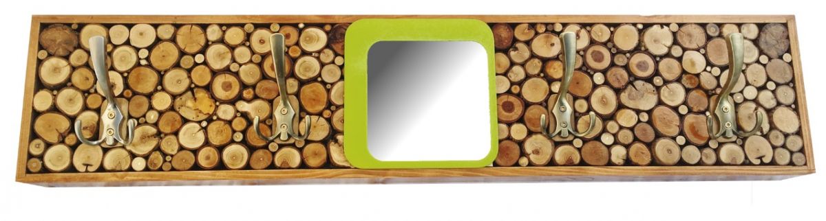 Porte-manteau mural rectangulaire en rondins de bois avec miroir.