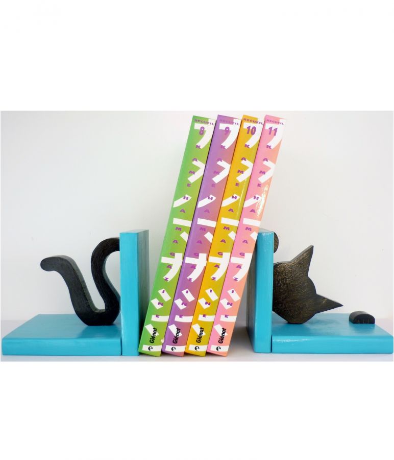 Serre-livres moderne en bois massif motif chat espiègle.