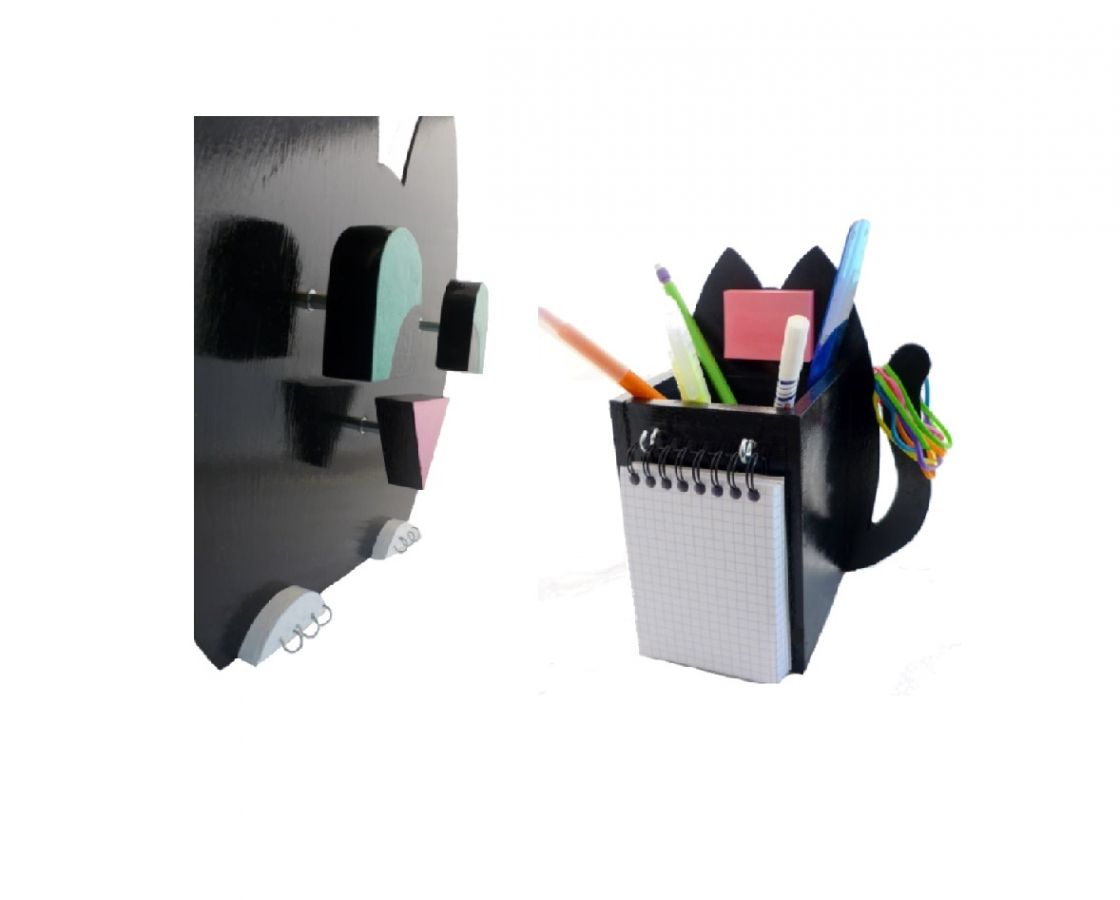 Set de rentrée scolaire en bois motif chat espiègle.