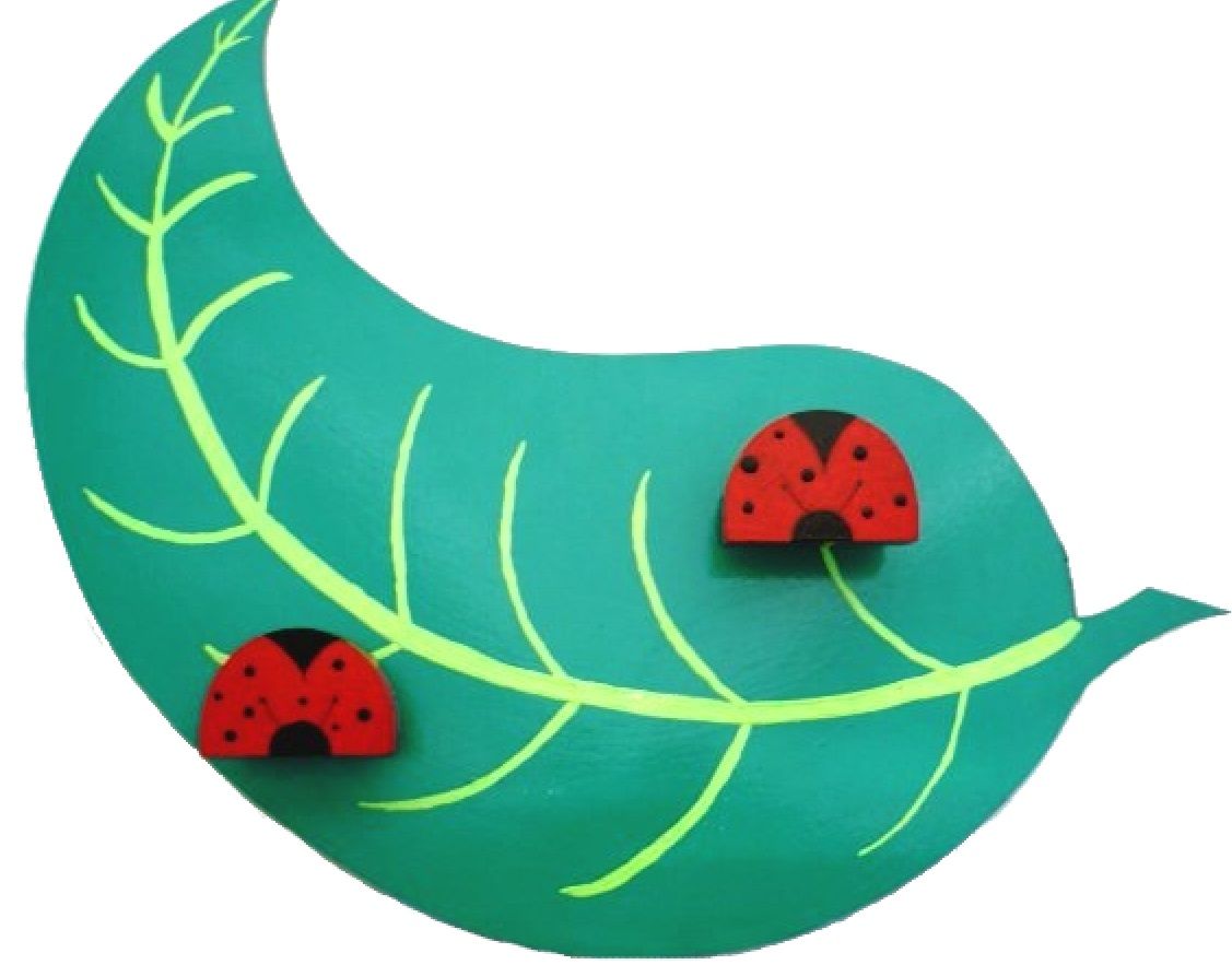 Porte-manteau feuille et pot à crayons coccinelle en bois.