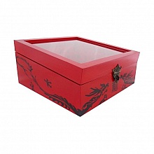 Boite en bois inclin&eacute;e et son couvercle en verre. Model : dragon rouge