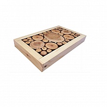 Dessous-de-plat en rondin de bois merisier / prunier, r&eacute;versible en coupelle d&eacute;cor petite feuille grise