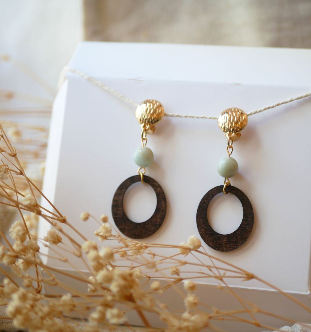 Boucles d'oreilles clip en bois noyer et pierres de gemme amazonite