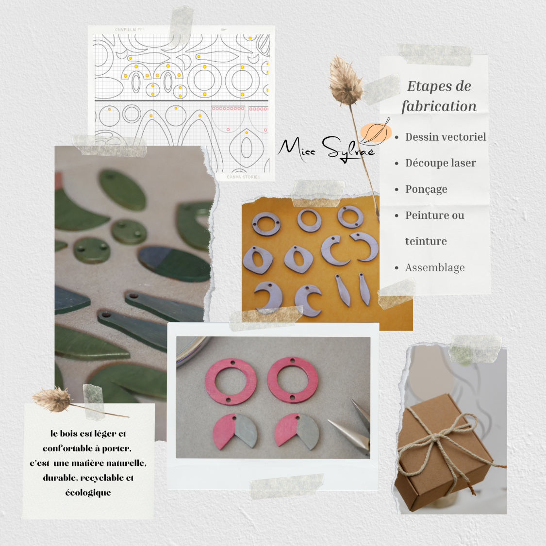 Étapes de fabrication artisanale de boucles d'oreilles géométriques en bois.
