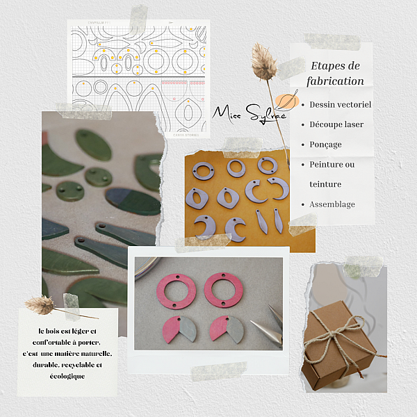 Étapes de fabrication artisanale de boucles d'oreilles géométriques en bois.