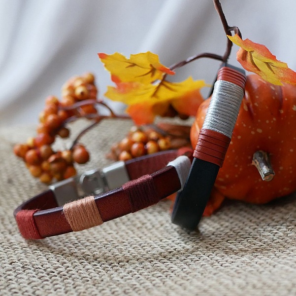 Bracelet homme artisanal en cuir tissé bicolore et coton.