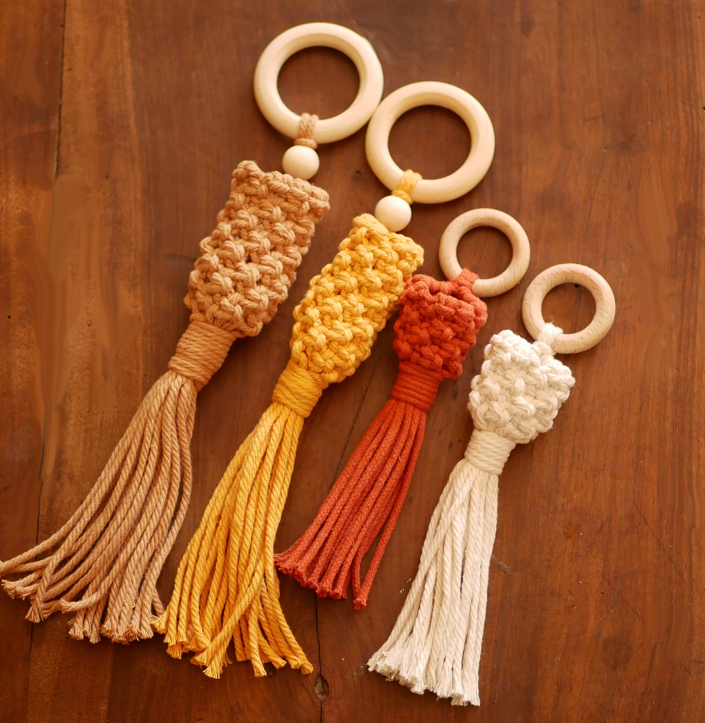 Mini suspensions pour plantes en macramé coloré avec anneaux bois.