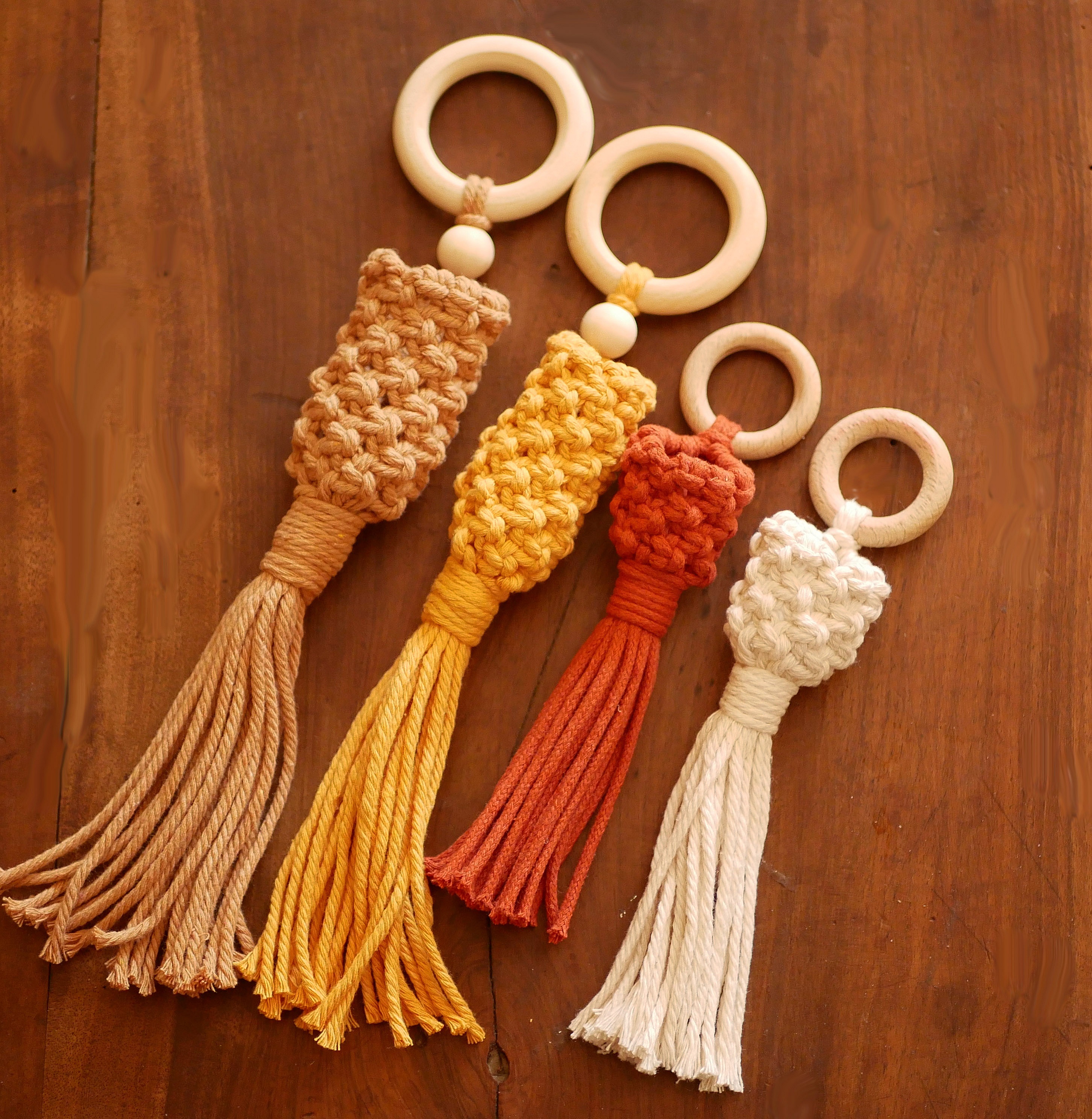 Mini suspensions pour plantes en macramé coloré avec anneaux bois.