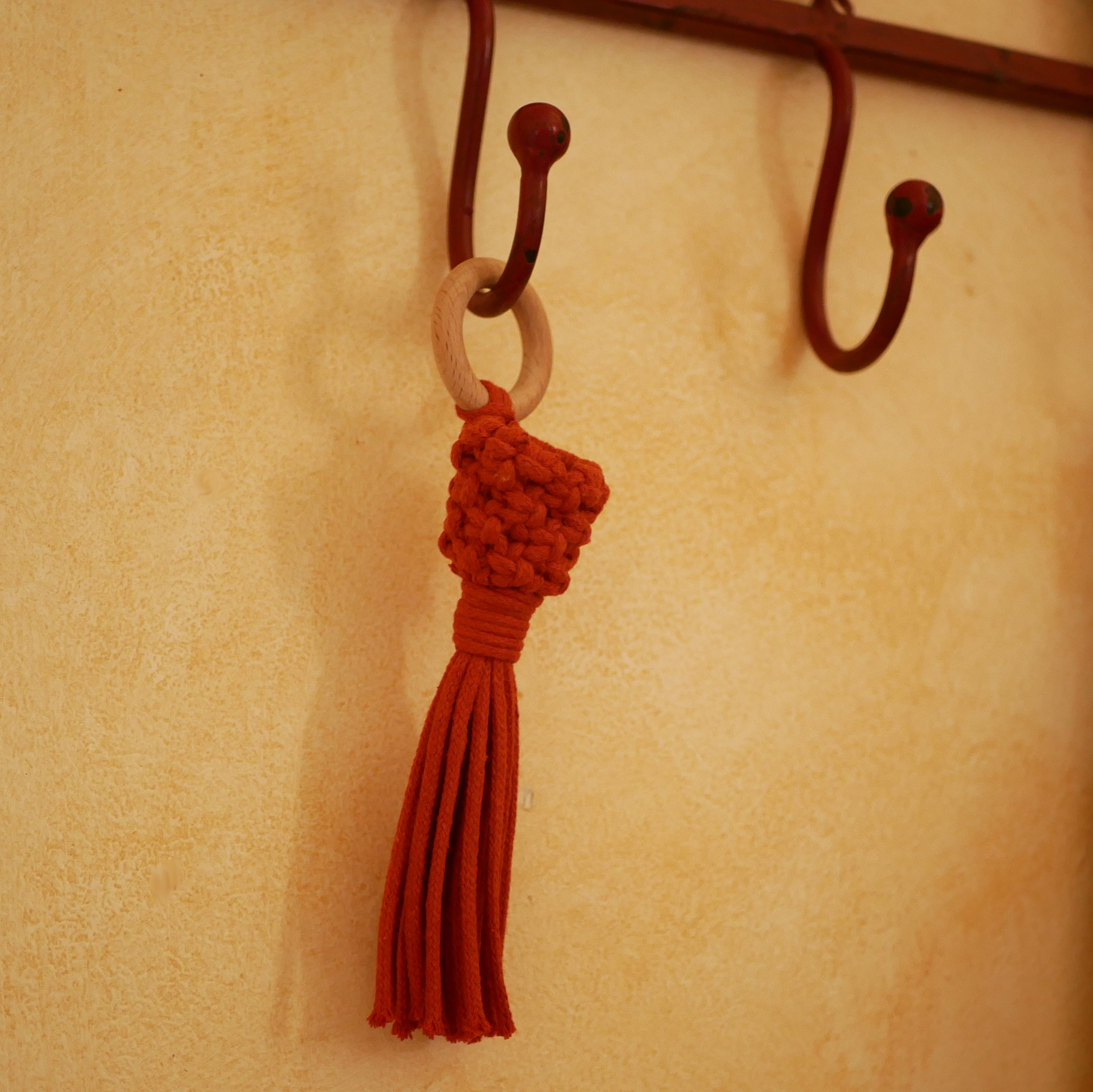 Mini suspension pour plante en macramé couleur rouille.