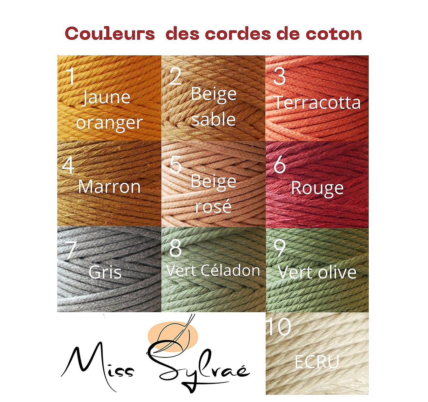 Nuancier des couleurs de cordes en coton pour macramé.