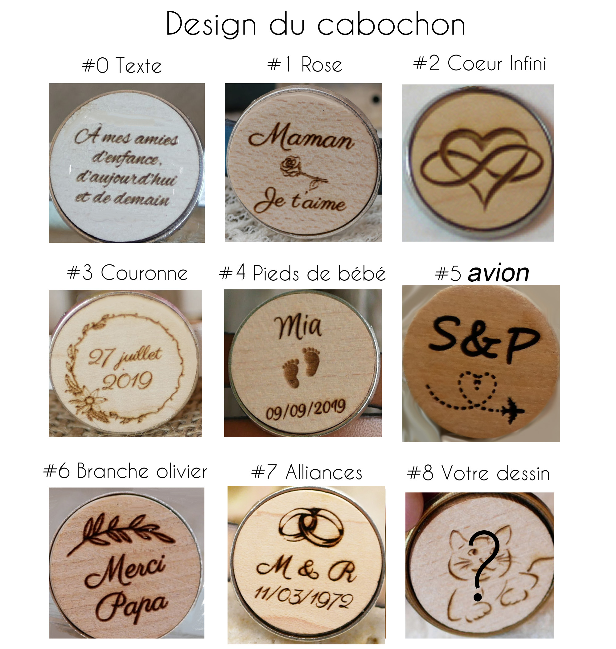 Exemples de gravures personnalisées pour cabochons de porte-clés en bois.