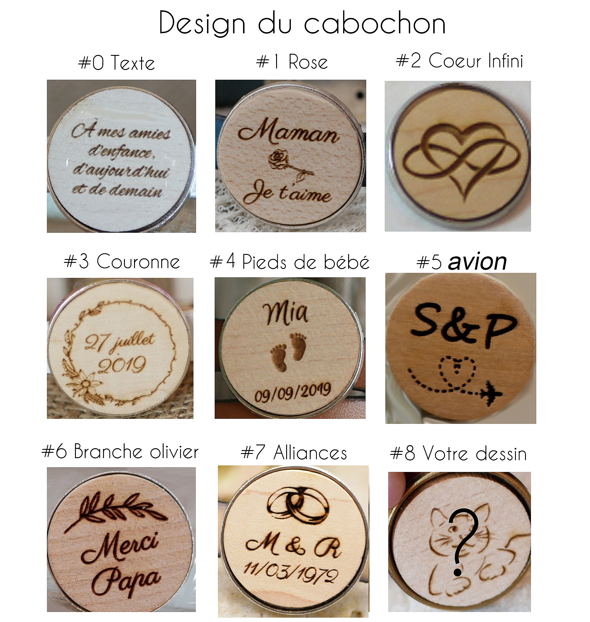Exemples de gravures personnalisées pour cabochons de porte-clés en bois.