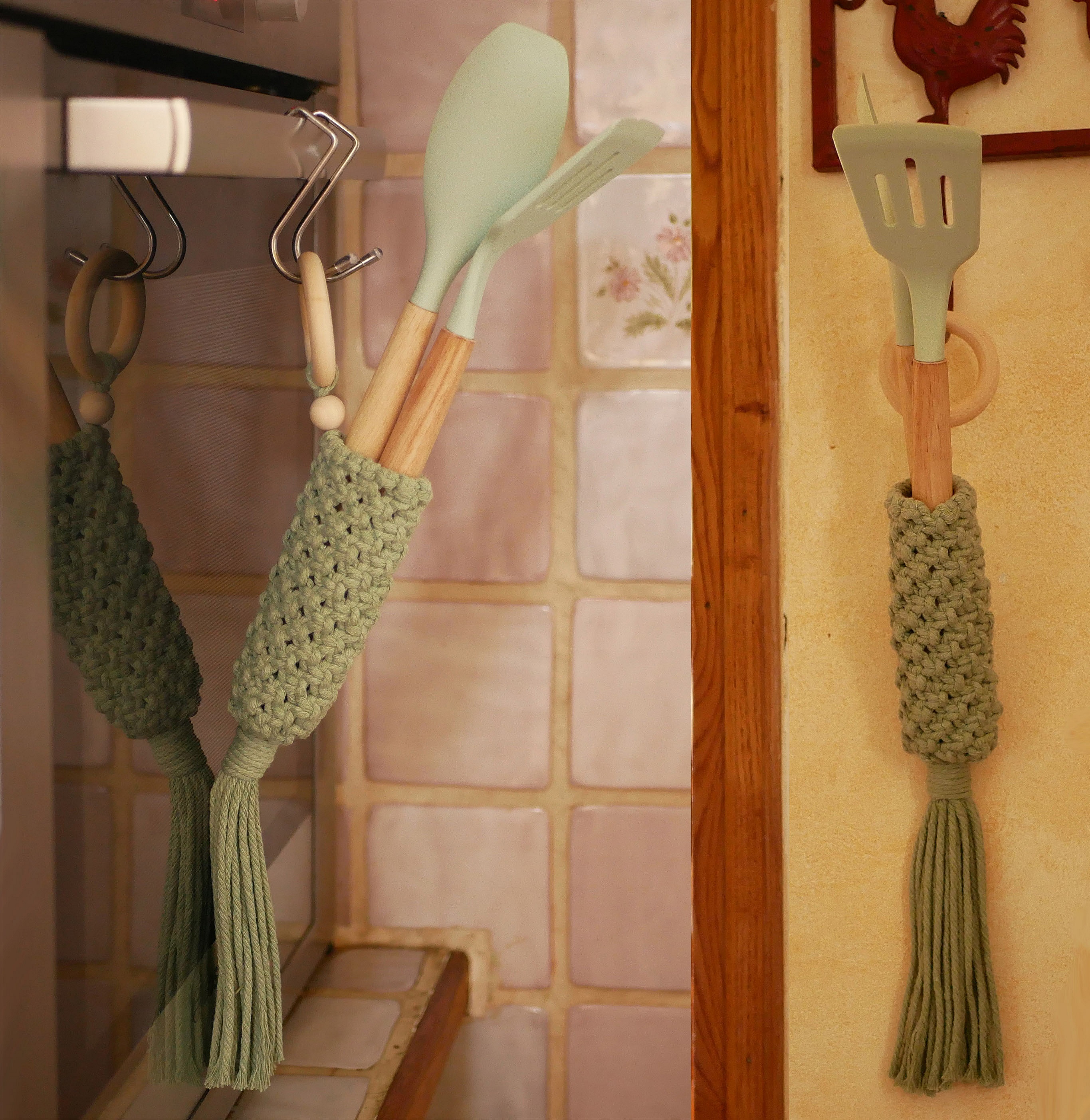 Suspension macramé vert pour ustensiles de cuisine en bois.