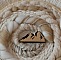 Tissage mural rond en macramé avec motif montagne en bois.