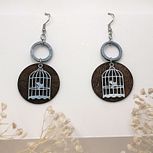 Boucles d'oreilles graphiques en bois noyer pendentif Cage &agrave; oiseau