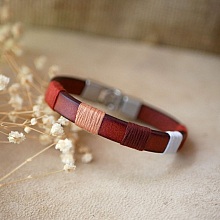 Bracelet tiss&eacute; en cuir  marron roux  au tissage en coton